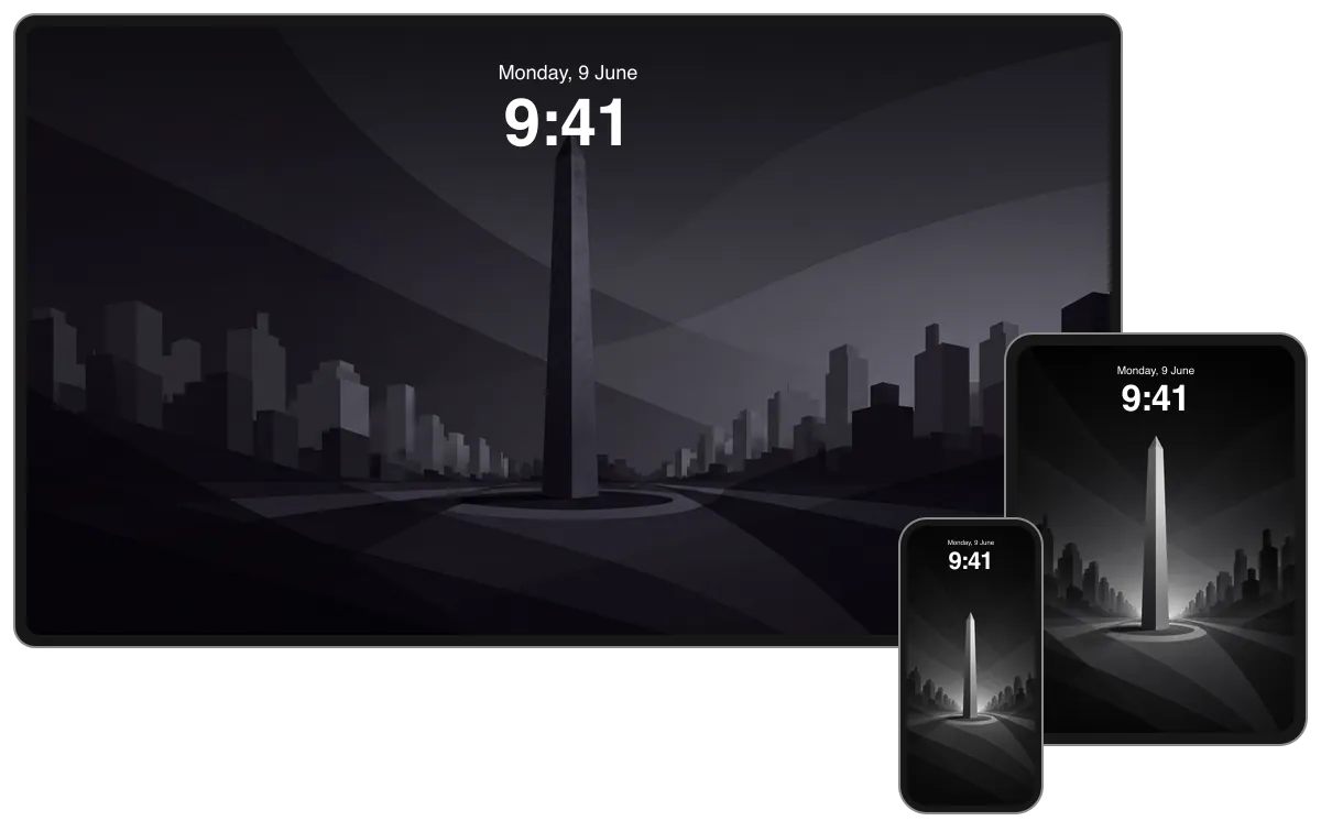Dark Obelisco composition above shadowed avenues and the Buenos Aires skyline, shown across desktop, tablet and phone frames.