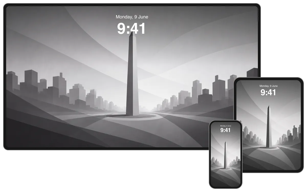 Light Obelisco composition between faceted avenues and a hazy Buenos Aires skyline, shown across desktop, tablet and phone frames.