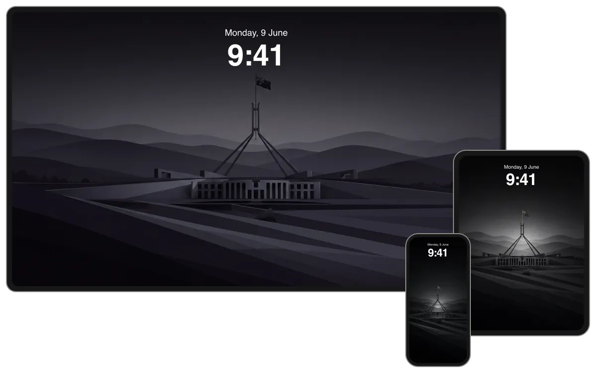 Dark Parliament House composition against shadowed hills and foreground bands, shown across desktop, tablet and phone frames.