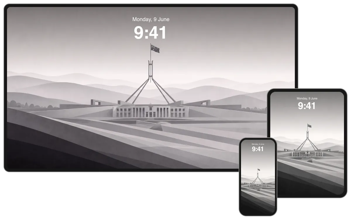 Light Parliament House composition beneath its flag mast, with layered hills and radiating bands, shown across desktop, tablet and phone frames.