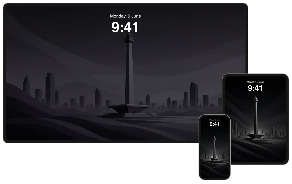 Dark National Monument composition above a shadowed Jakarta square and skyline, shown across desktop, tablet and phone frames.