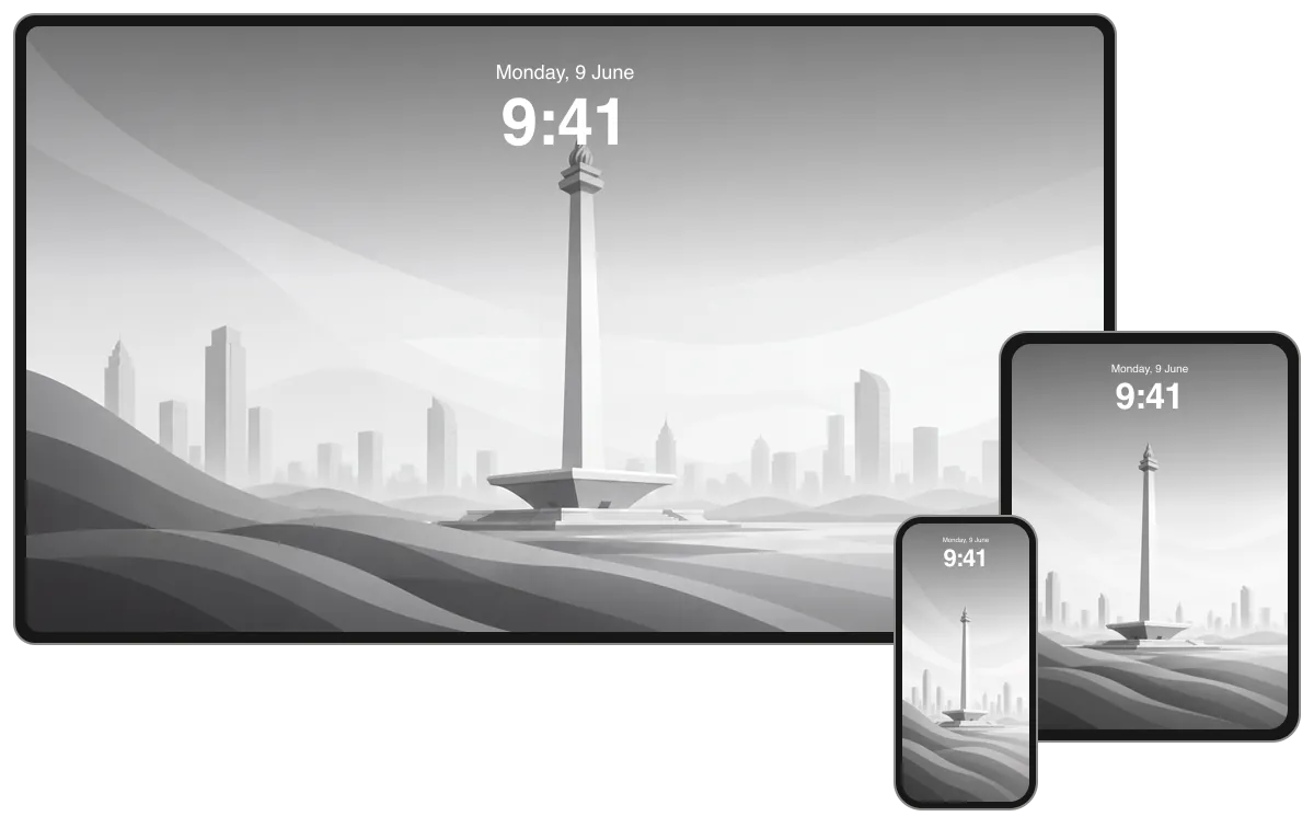 Light National Monument composition above an open square and hazy Jakarta skyline, shown across desktop, tablet and phone frames.