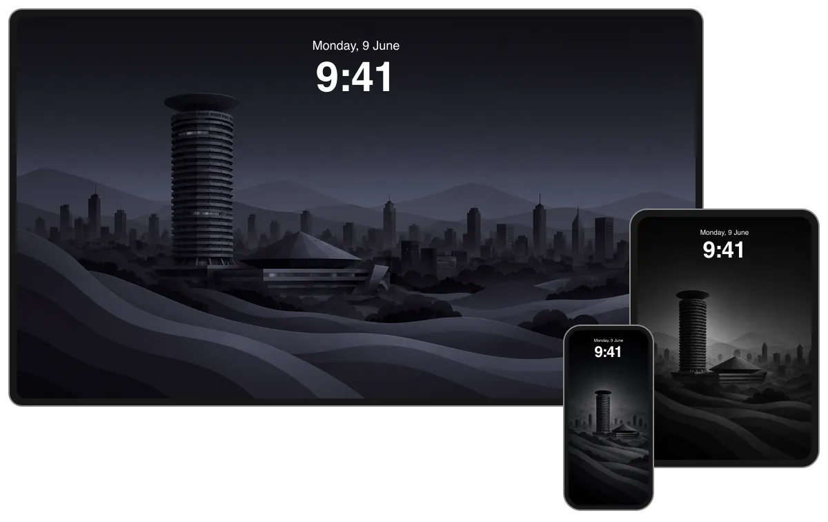 Dark KICC tower and plenary hall composition against layered hills and a dim Nairobi skyline, shown across desktop, tablet and phone frames.