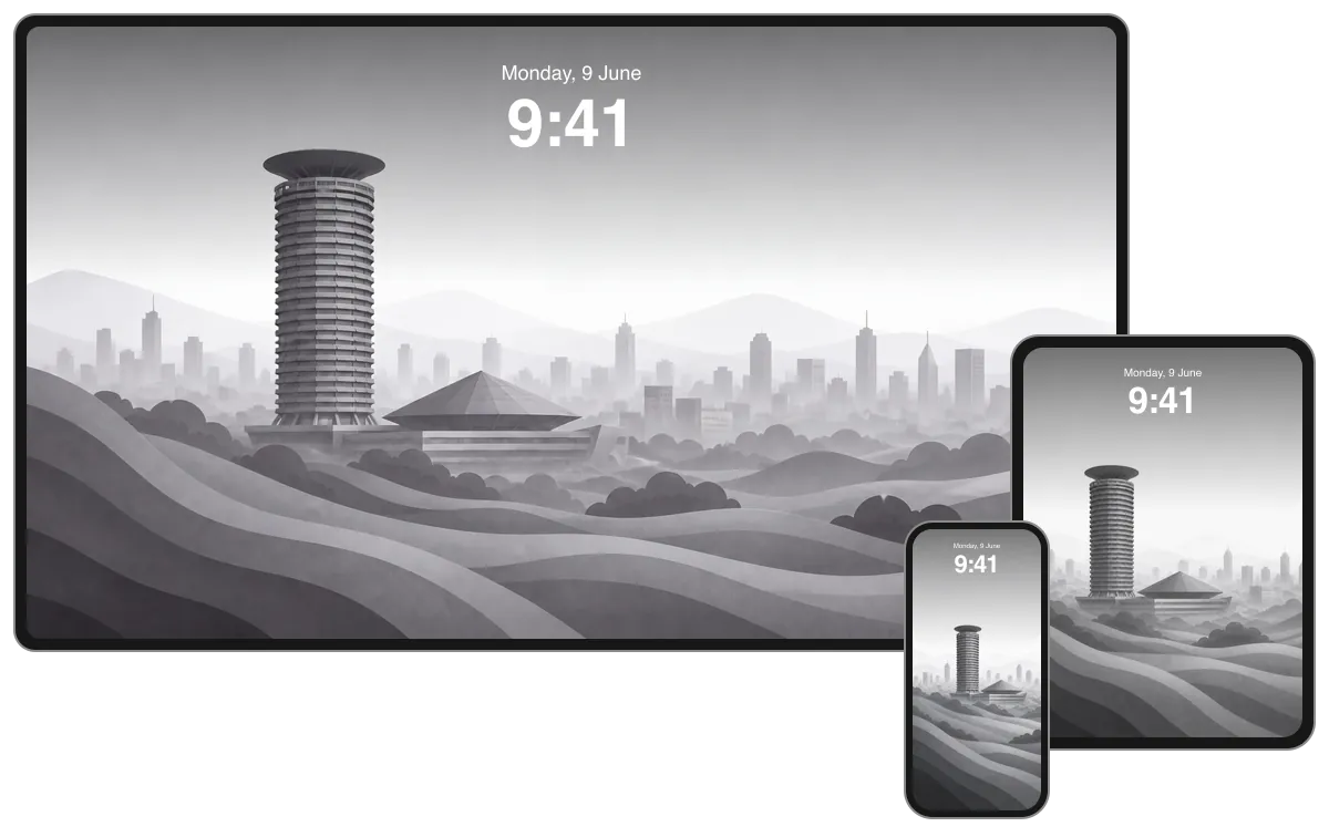 Light KICC tower and plenary hall composition above layered terrain and a hazy Nairobi skyline, shown across desktop, tablet and phone frames.
