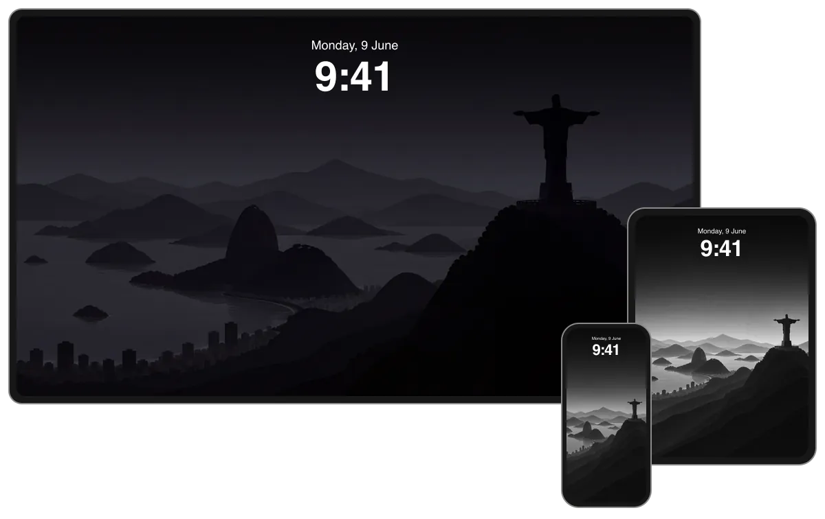 Dark Christ the Redeemer composition above Rio's bay and Sugarloaf Mountain, shown across desktop, tablet and phone frames.
