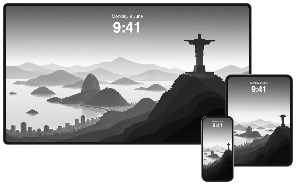 Light Christ the Redeemer composition overlooking Rio's bay and Sugarloaf Mountain, shown across desktop, tablet and phone frames.