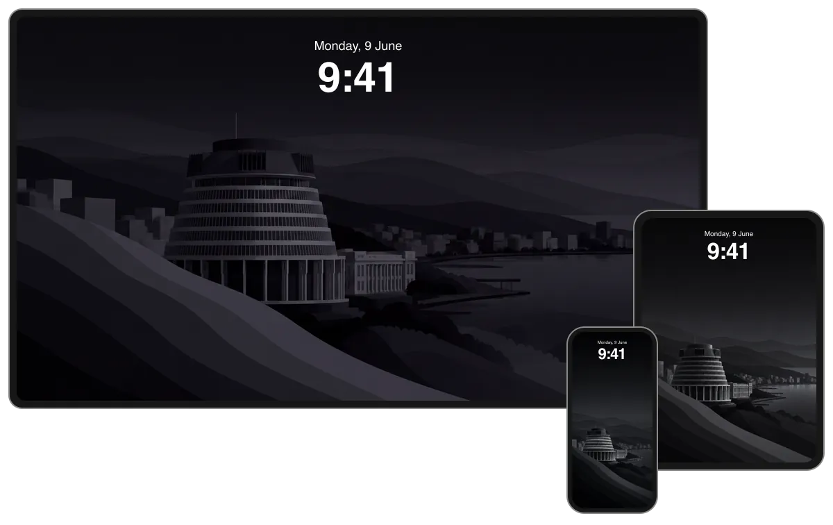 Dark Beehive and Wellington harbour composition beneath shadowed hills, shown across desktop, tablet and phone frames.