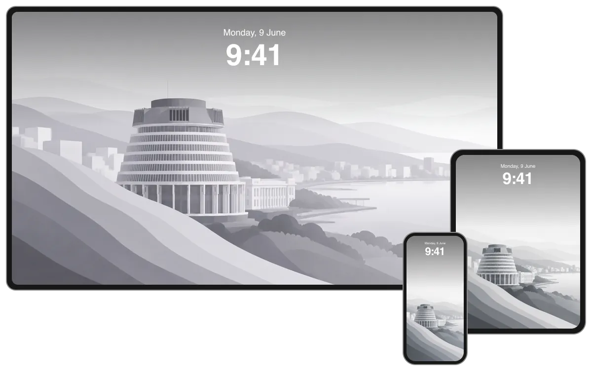 Light Beehive composition beside Wellington harbour, sweeping ground and layered hills, shown across desktop, tablet and phone frames.