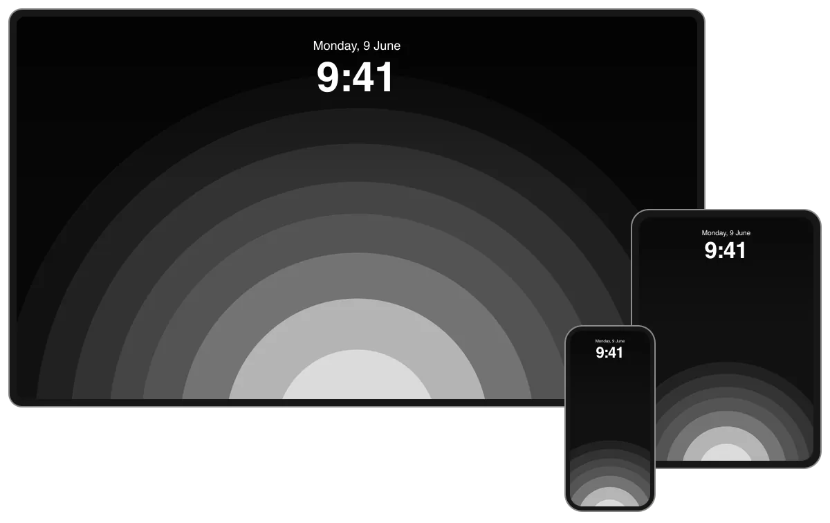 Concentric grey arches rising from a pale centre into black, shown across desktop, tablet and phone frames.