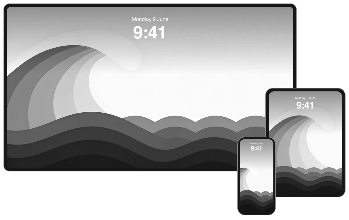 A large monochrome curling wave above layered grey swells, shown across desktop, tablet and phone frames.