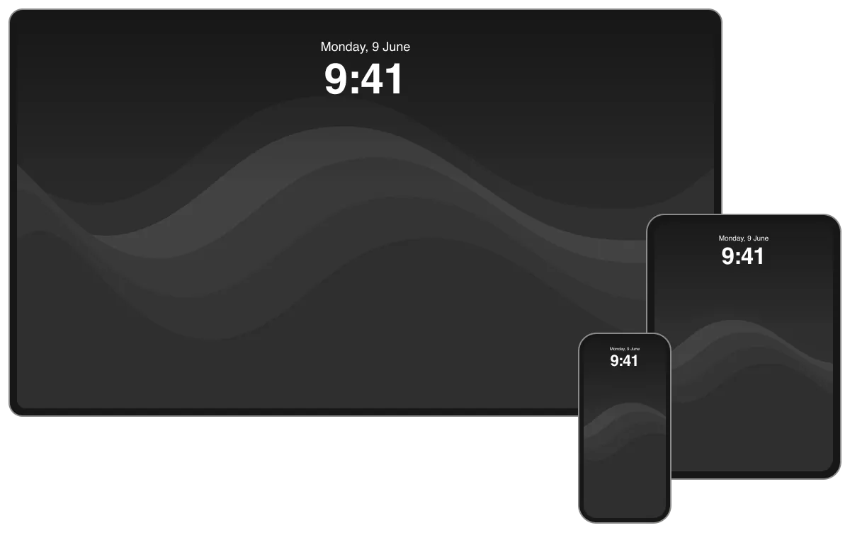 Broad overlapping waves in charcoal and near-black, shown across desktop, tablet and phone frames.