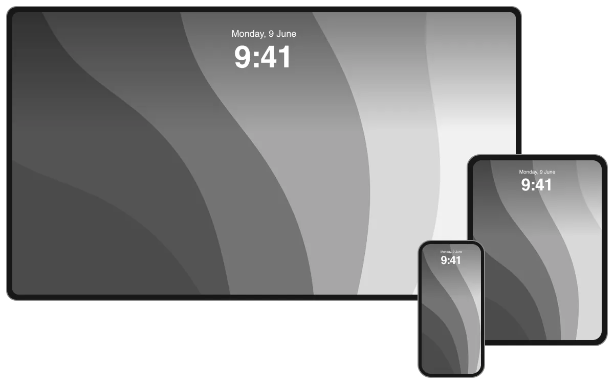 Wide curved vertical bands moving from dark grey to white, shown across desktop, tablet and phone frames.
