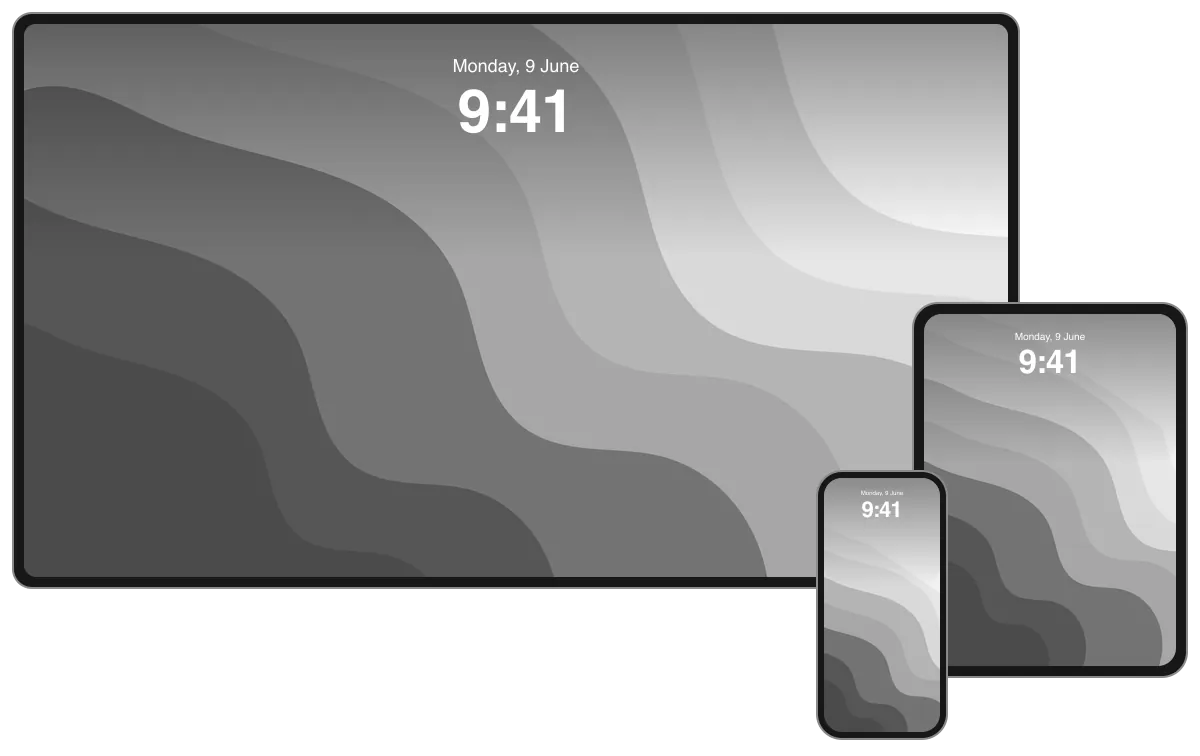 Layered diagonal waves flowing from charcoal into pale grey, shown across desktop, tablet and phone frames.